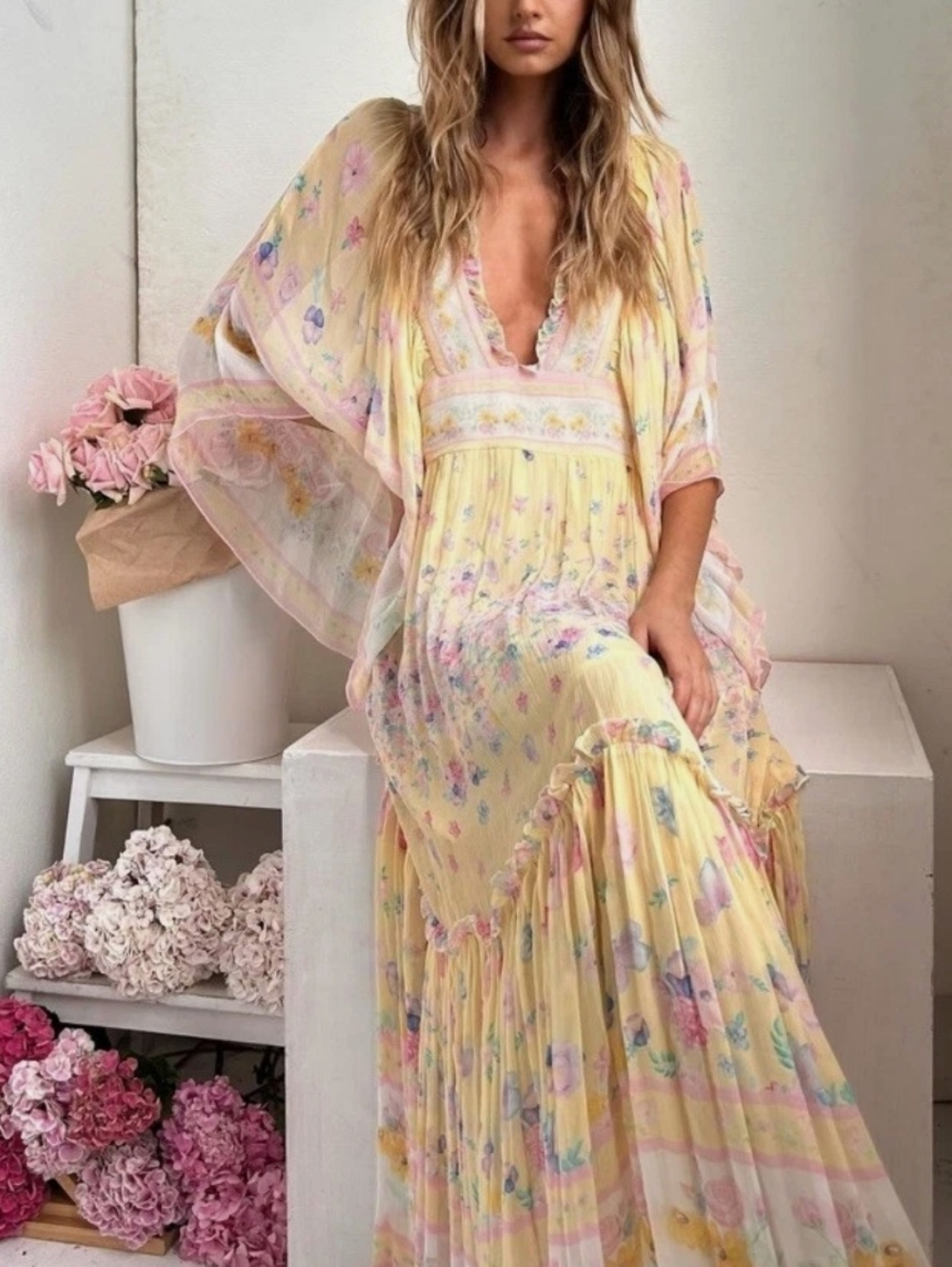 Beautiful Angel Sleeve Floral Maxi Dress in Pastel Pink and Cream